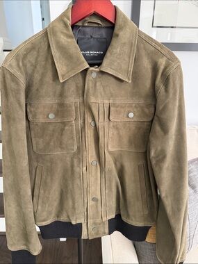 Club Monaco Olive Suede Bomber Jacket with Ribbed Hem
